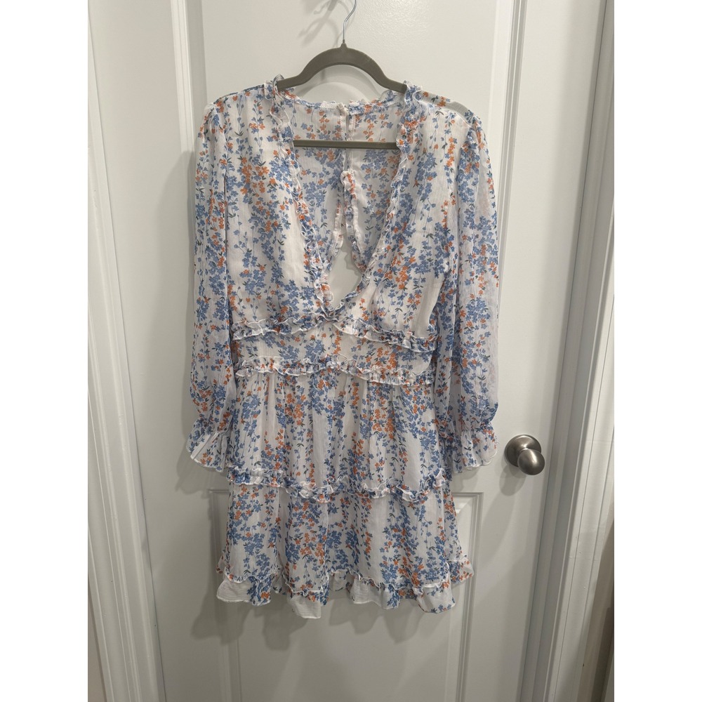 Floral Open Back Ruffle Mini Dress Cottagecore Boho Long Sleeve Women's Large - Picture 3 of 11